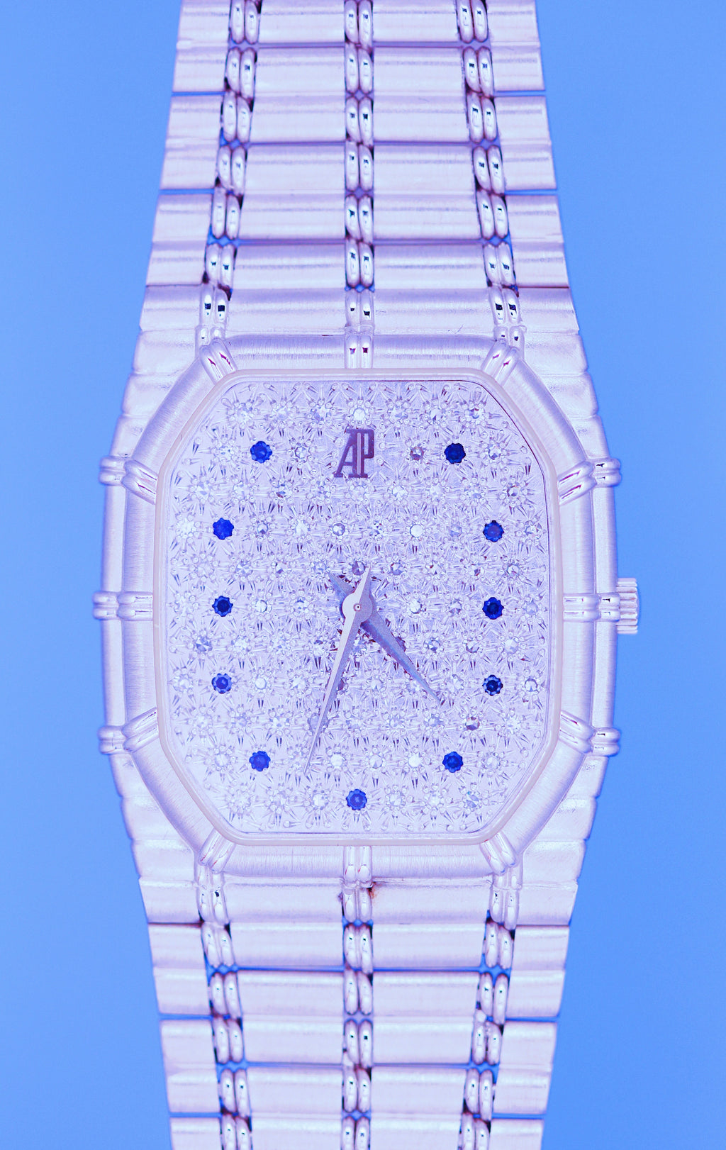 Audemars Piguet Bamboo — 18k White Gold, Pavé Diamond Dial & Blue Sapphire Markers . maison raksha