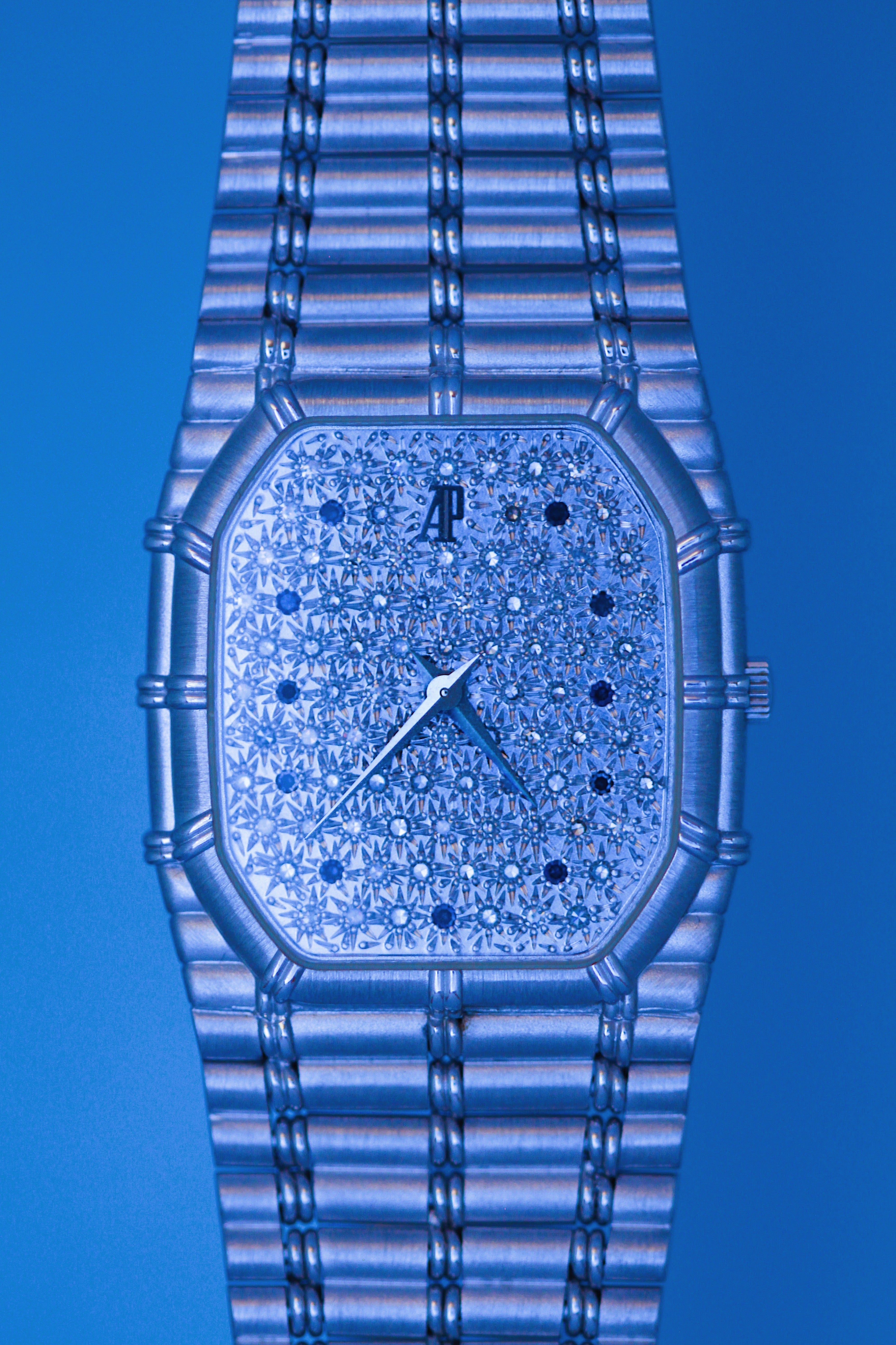 Audemars Piguet Bamboo — 18k White Gold, Pavé Diamond Dial & Blue Sapphire Markers . maison raksha