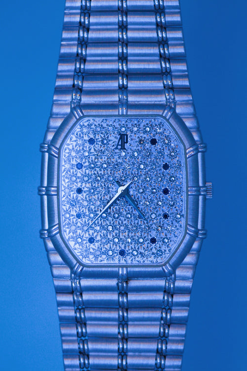Audemars Piguet Bamboo — 18k White Gold, Pavé Diamond Dial & Blue Sapphire Markers . maison raksha