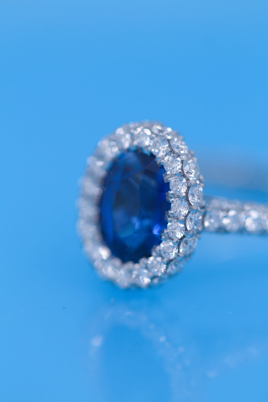Oval Blue Sapphire Engagement Ring Diamond Halo + 2 Sided Pave Halo + 3 sSided Pave Band