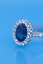Oval Blue Sapphire Engagement Ring Diamond Halo + 2 Sided Pave Halo + 3 sSided Pave Band