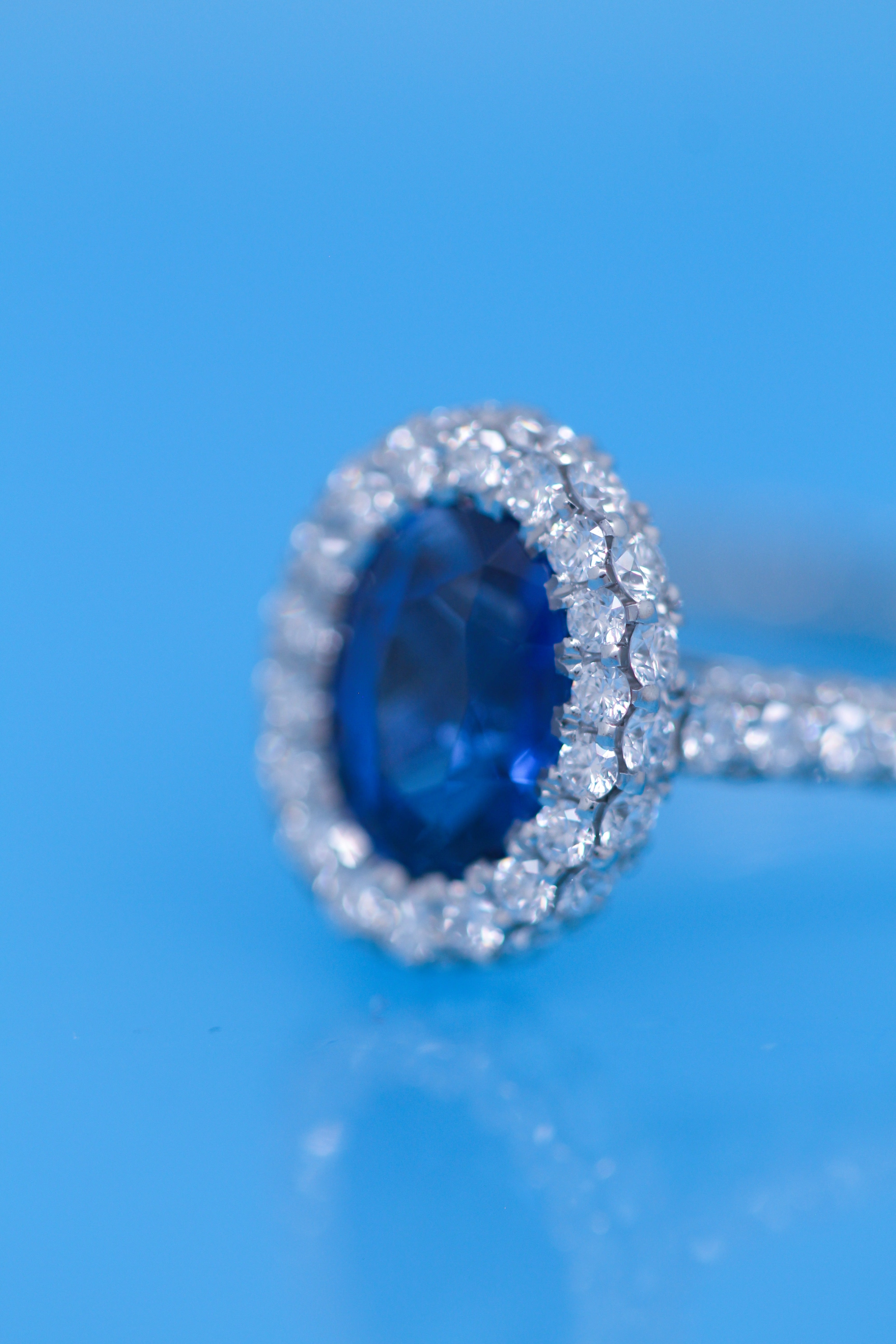 Oval Blue Sapphire Engagement Ring Diamond Halo + 2 Sided Pave Halo + 3 sSided Pave Band