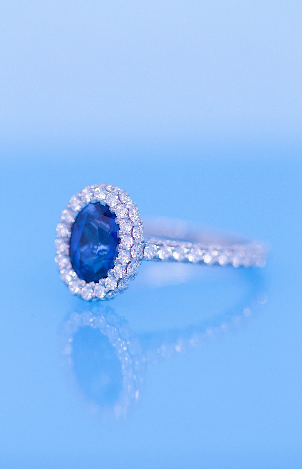 Oval Blue Sapphire Engagement Ring Diamond Halo + 2 Sided Pave Halo + 3 sSided Pave Band