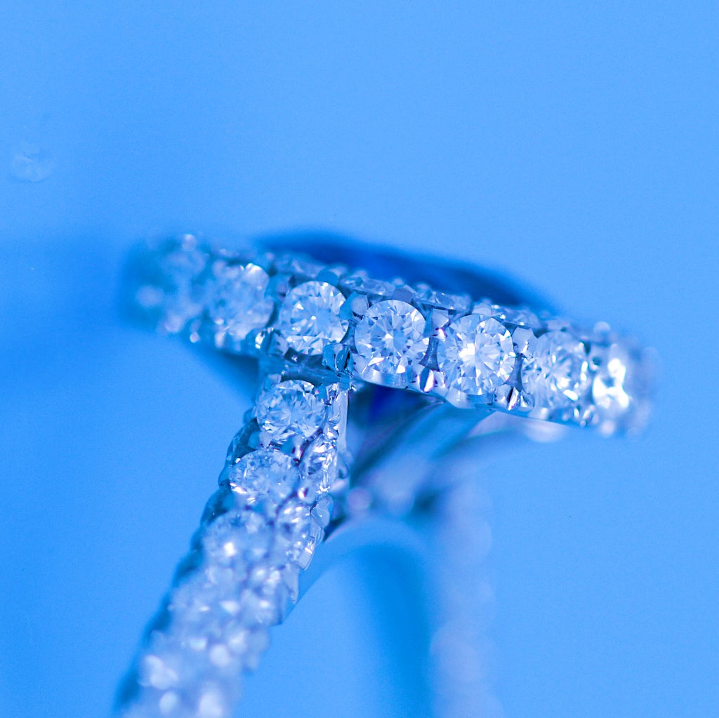 Oval Blue Sapphire Engagement Ring Diamond Halo + 2 Sided Pave Halo + 3 sSided Pave Band