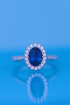 Oval Blue Sapphire Engagement Ring Diamond Halo + 2 Sided Pave Halo + 3 sSided Pave Band