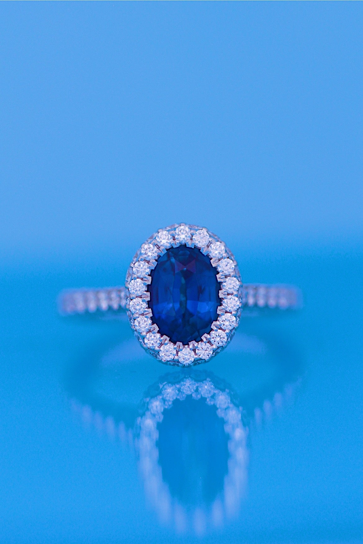 Oval Blue Sapphire Engagement Ring Diamond Halo + 2 Sided Pave Halo + 3 sSided Pave Band