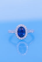 Oval Blue Sapphire Engagement Ring Diamond Halo + 2 Sided Pave Halo + 3 sSided Pave Band