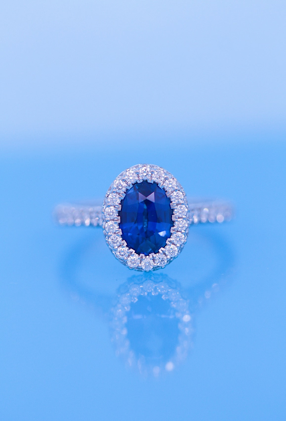Oval Blue Sapphire Engagement Ring Diamond Halo + 2 Sided Pave Halo + 3 sSided Pave Band