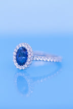 Oval Blue Sapphire Engagement Ring Diamond Halo + 2 Sided Pave Halo + 3 sSided Pave Band