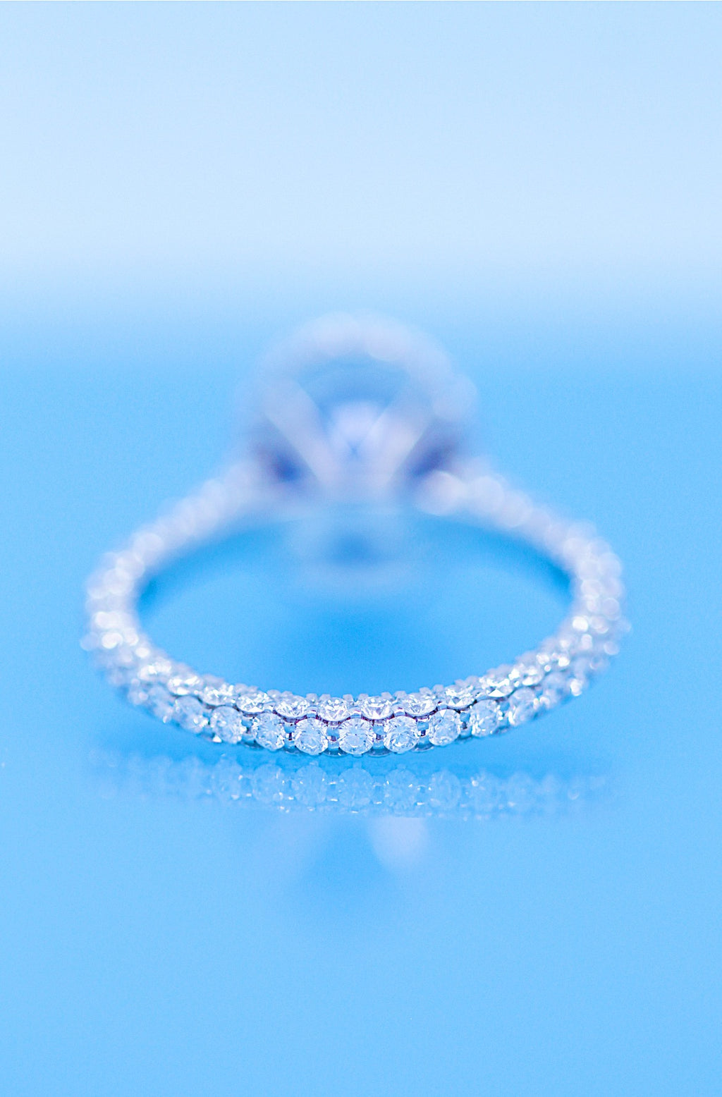 Oval Blue Sapphire Engagement Ring Diamond Halo + 2 Sided Pave Halo + 3 sSided Pave Band