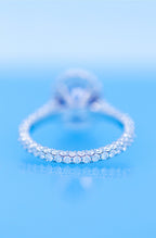 Oval Blue Sapphire Engagement Ring Diamond Halo + 2 Sided Pave Halo + 3 sSided Pave Band