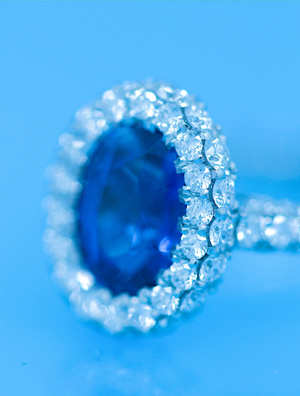Oval Blue Sapphire Engagement Ring Diamond Halo + 2 Sided Pave Halo + 3 sSided Pave Band