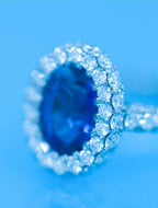 Oval Blue Sapphire Engagement Ring Diamond Halo + 2 Sided Pave Halo + 3 sSided Pave Band