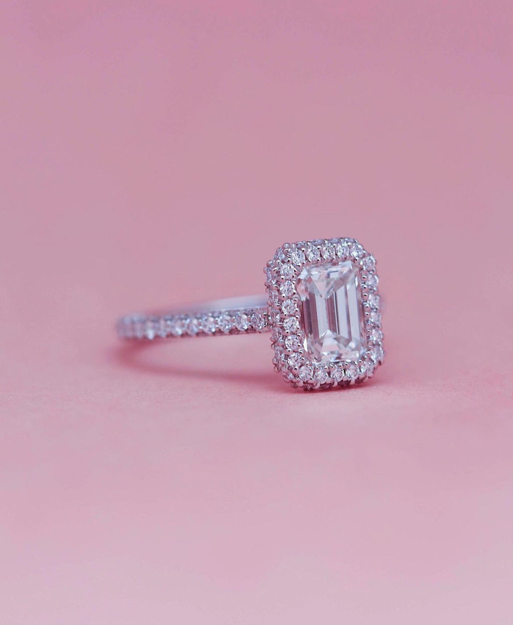 Emerald Cut Engagement Ring + 2 Sided Pave Halo +3 Sided Pave Band