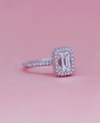 Emerald Cut Engagement Ring + 2 Sided Pave Halo +3 Sided Pave Band