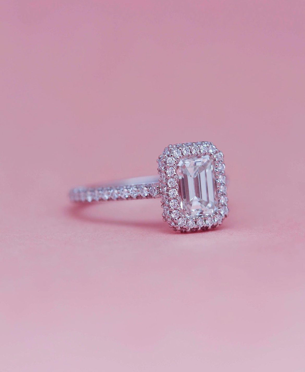 Emerald Cut Engagement Ring + 2 Sided Pave Halo +3 Sided Pave Band
