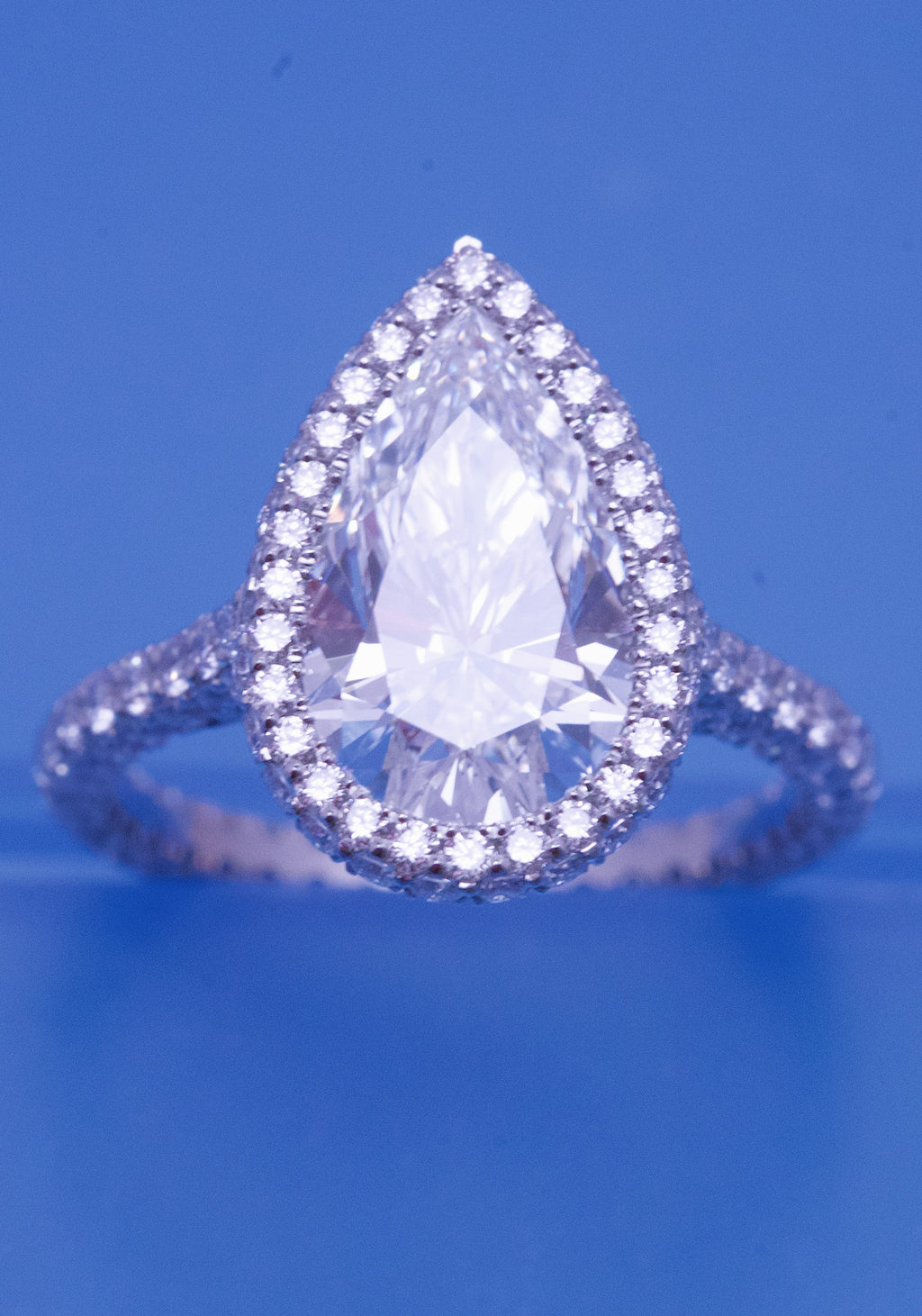 Pear Shape Diamond Engagement Ring + 2 Sided Pave Halo + 3 Sided Pave Band
