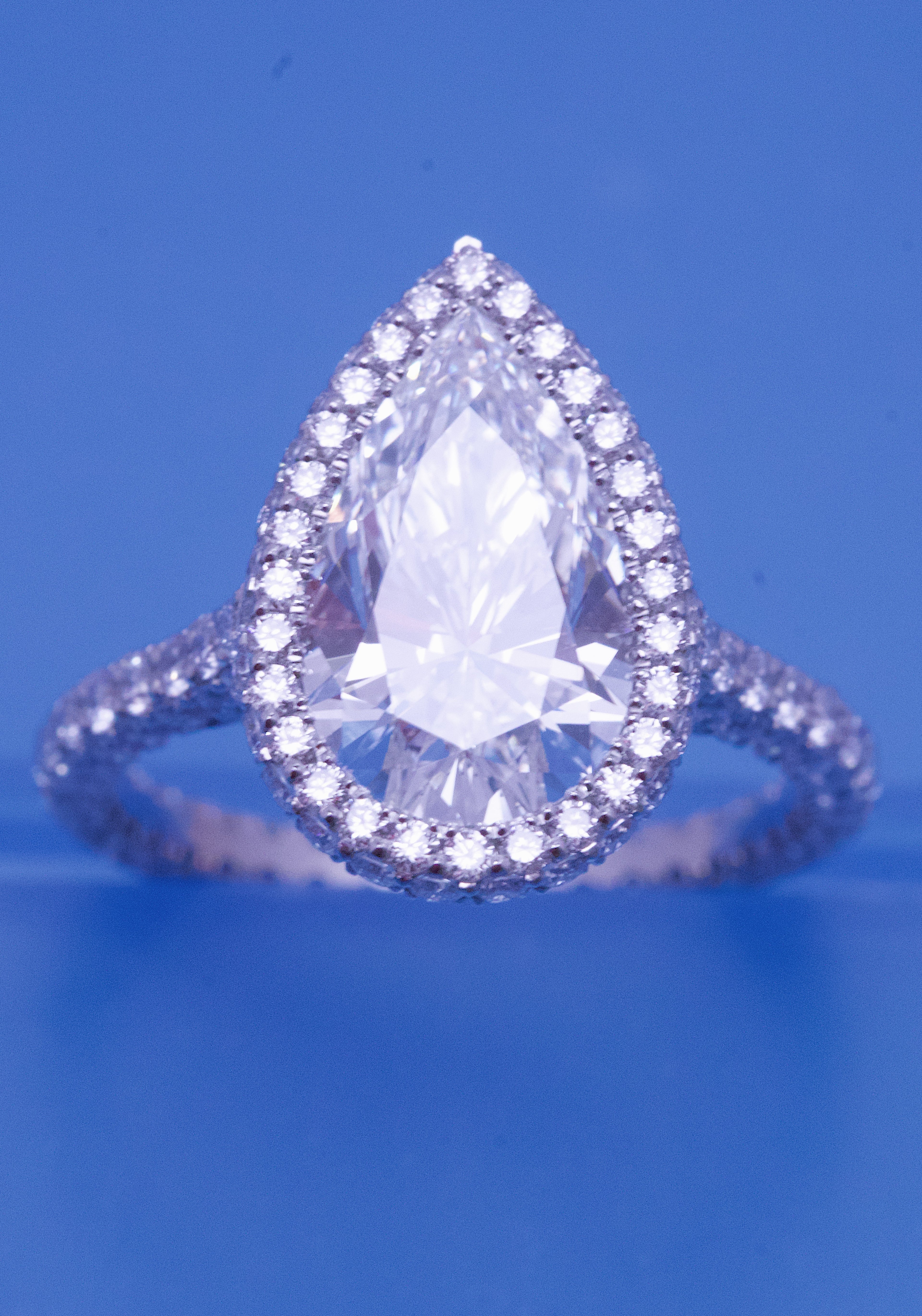 Pear Shape Diamond Engagement Ring + 2 Sided Pave Halo + 3 Sided Pave Band