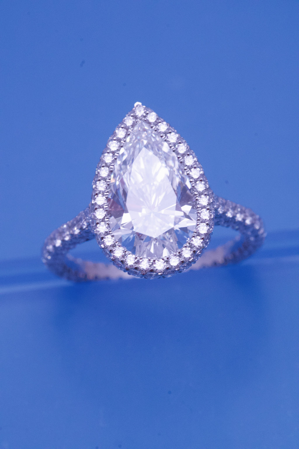 Pear Shape Diamond Engagement Ring + 2 Sided Pave Halo + 3 Sided Pave Band