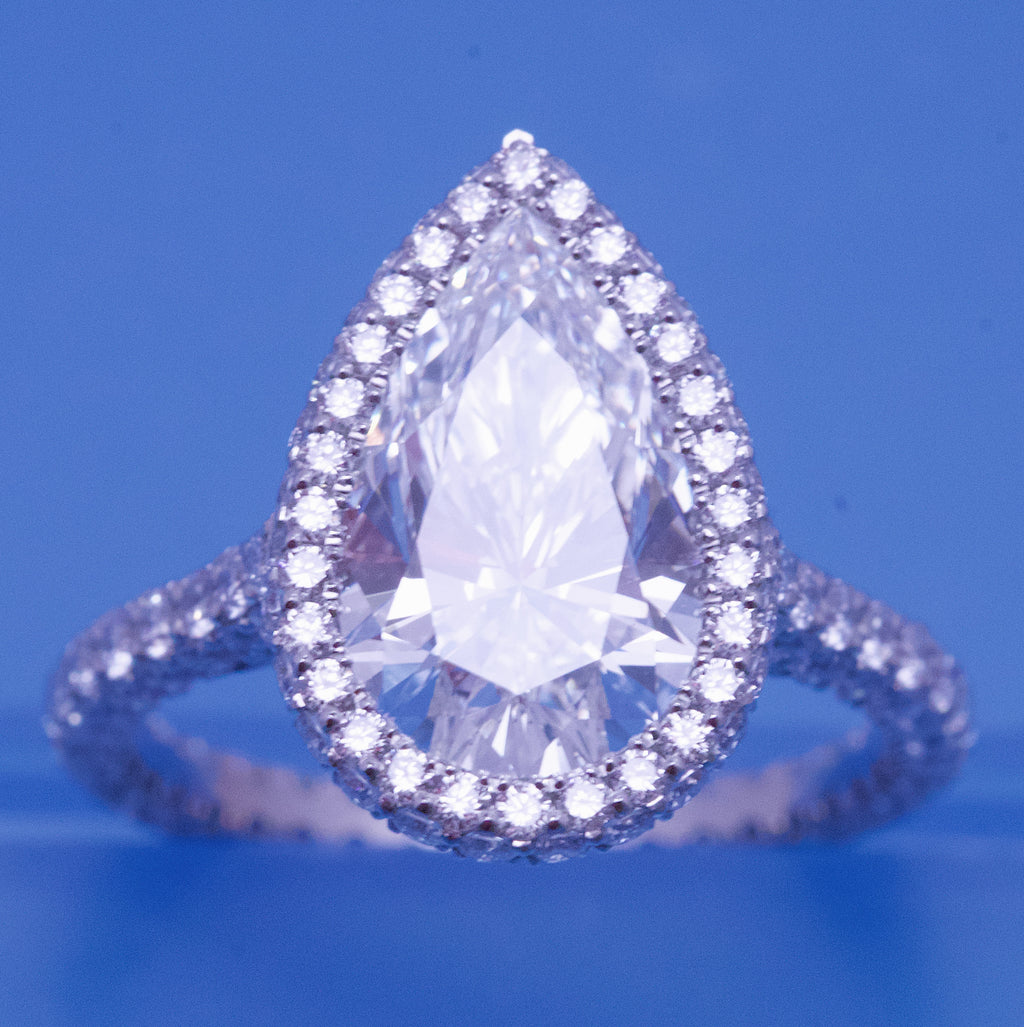 Pear Shape Diamond Engagement Ring + 2 Sided Pave Halo + 3 Sided Pave Band