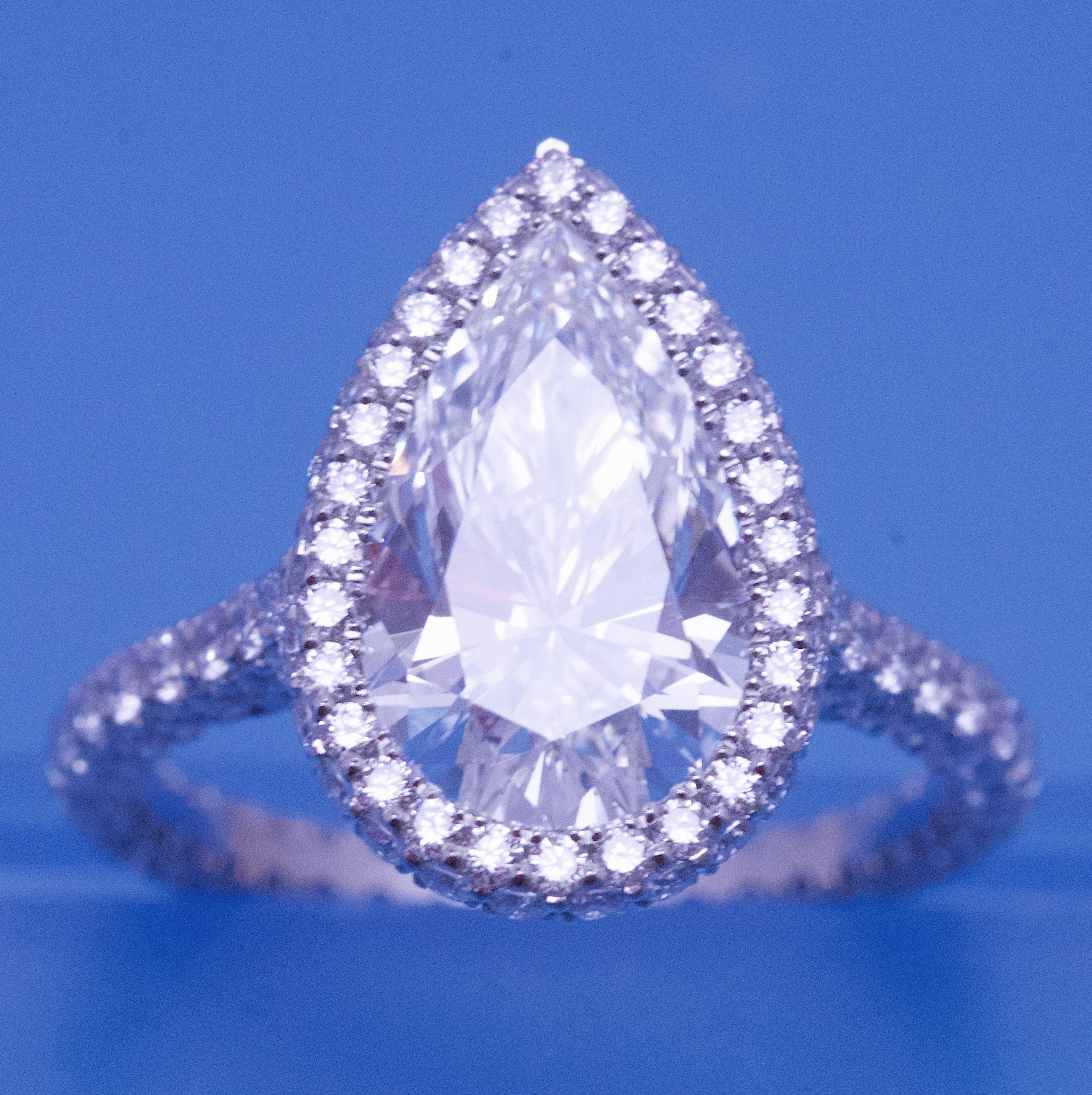 Pear Shape Diamond Engagement Ring + 2 Sided Pave Halo + 3 Sided Pave Band