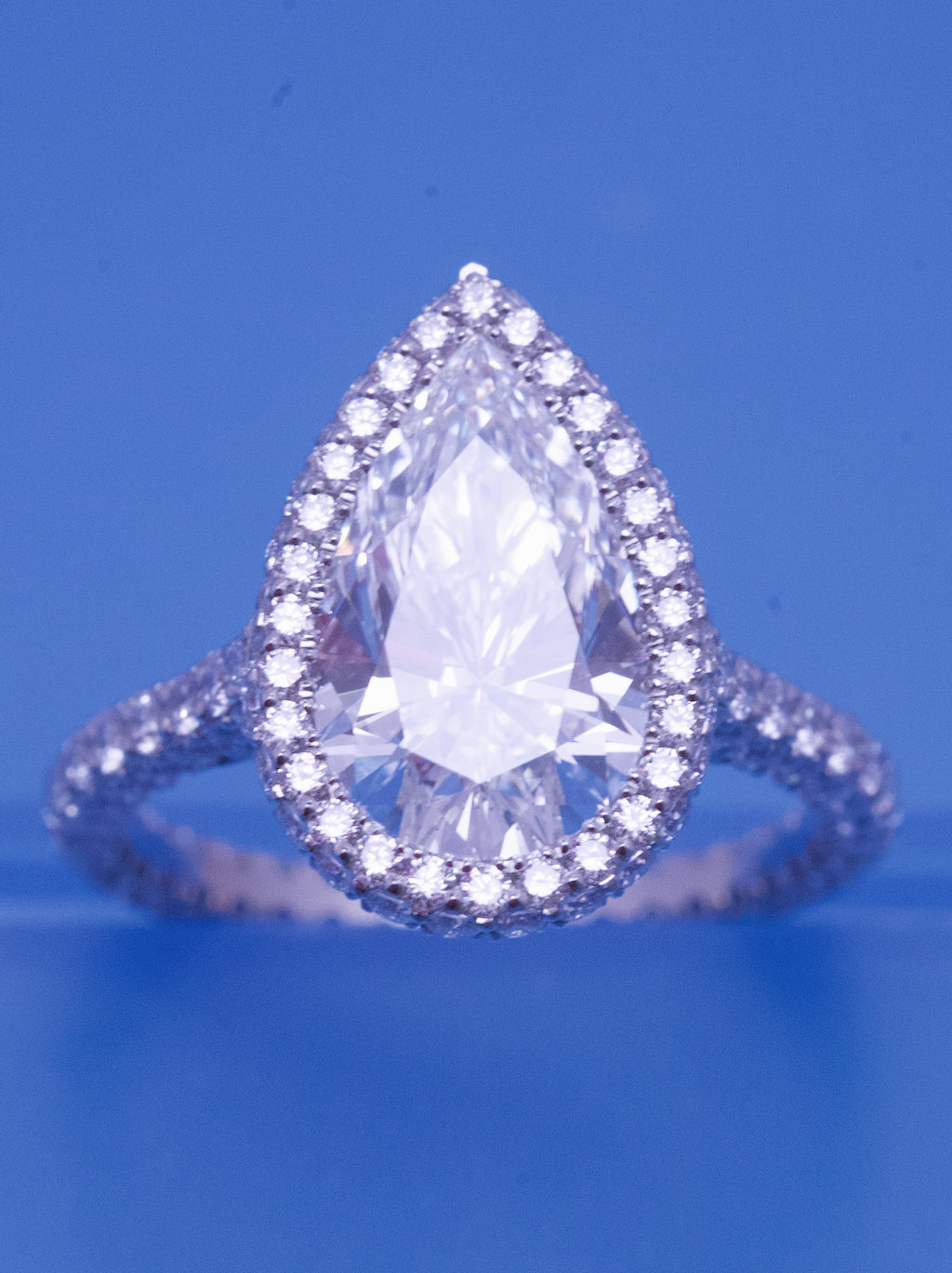 Pear Shape Diamond Engagement Ring + 2 Sided Pave Halo + 3 Sided Pave Band