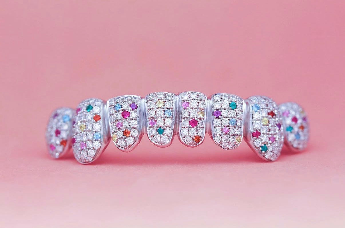 "Fruity Pebbles" Grillz in White Gold + Diamond + Assorted Gems
